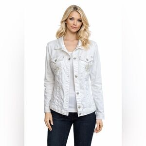 Ethyl White Denim Jean Jacket W/ Front Pockets Rhinestone Accents/Buttons